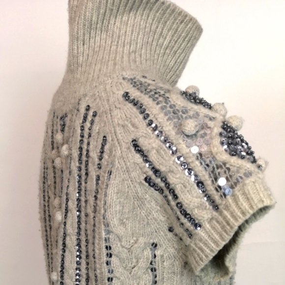 Y2k Vintage Light Grey Pewter Sequins Cable Knit Cap Sleeve Pullover Sweater - Picture 4 of 14
